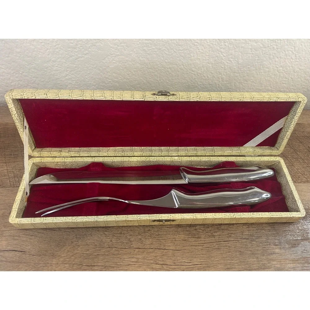 Vintage Japan Stainless Steel Carving Set Knife Fork MCM Faux Croc Box 3401